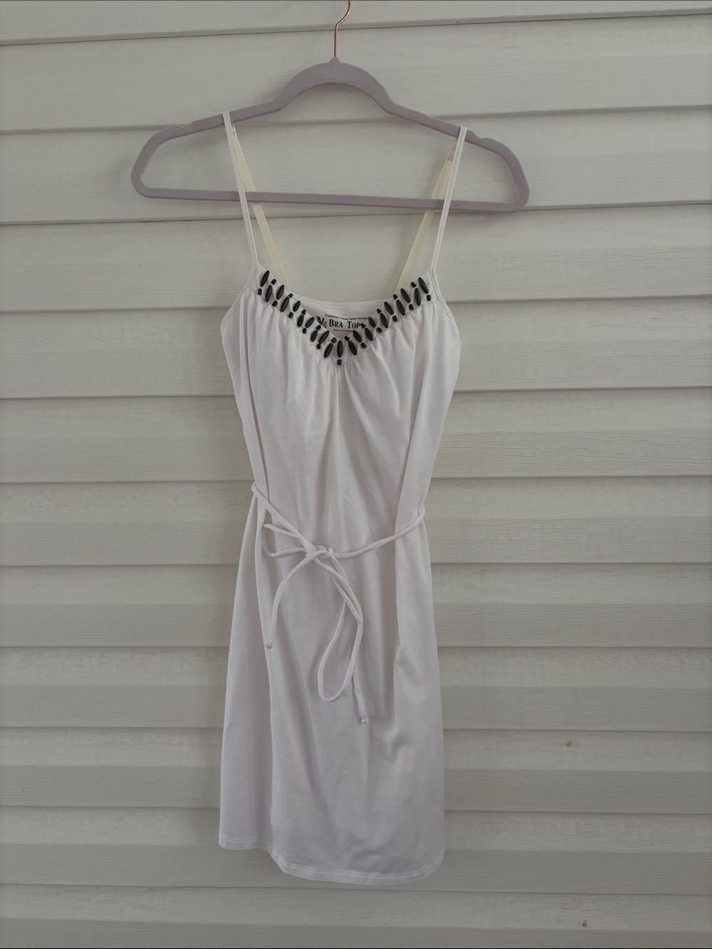 Victoria’s Secret White Built in Bra Mini Dress XS Y2K Beaded Slip Tie Waist
